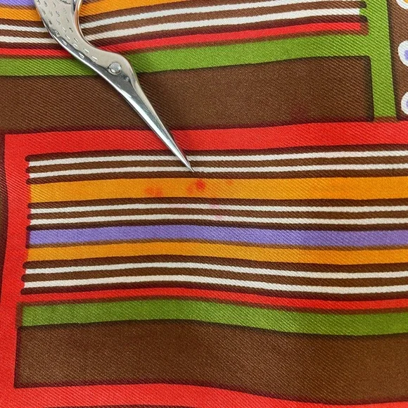 Vintage BURMEL Rectangle 13x46 Neck Scarf Mod‎ Silk Graphic 60s Brown Stripe Dot - Picture 7 of 7